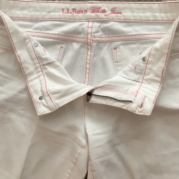 L.L. Bean White Jeans: Pink Stitching accents, Ribbon belt, Bootcut & Wider Leg - Picture 5 of 12